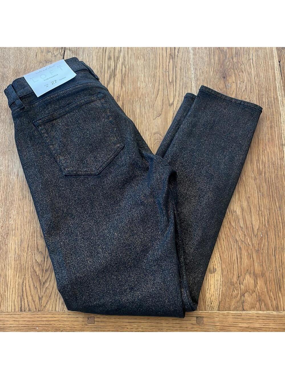 LOFT Black Denim Gold Shimmer Slim Pocket Skinny Stretch Jeans 4 Petite